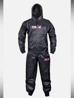 Heavy Duty Sauna Sweat Black Hooded Windbreaker Jacket & Pant Set
